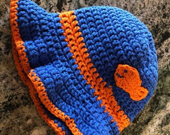 NEW Handmade Crocheted Baby Bucket Hat. Fits 0-3 Month-Newborn. Made of washable acrylic yarns. Blue with Orange Trim; Orange Fish on side.