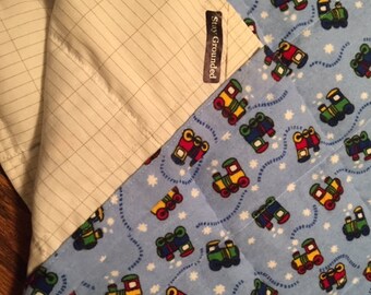 5 1/2 lb WEIGHTED GROUNDING/earthing BLANKET-Throw. Cotton w/Silver Grid Fabric. Natural. Shielding. 29" x 39" Blue w/multi colored Trains.