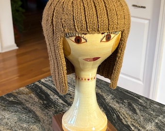 Knitted Hair/Wig/Hat/Head-Cover. Chemo Cap. Golden Blonde. Acrylic Yarn: holds shape/washable. 21-22" circumference-unstretched. Teen/Adult.