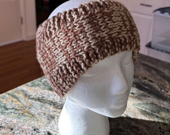 Knitted Ear Warmer/Headband. Adult/Teen (approx 21" unstretched). Earth-tones: Brown/vory. Cotton Blend. Handmade.