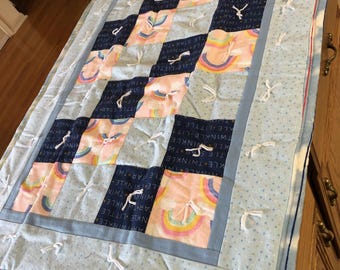 Handmade Patchwork Baby Comforter/Quilt/Blanket. Patchwork. Blues and Pastels with Navy. Appropriate for either a Boy or a Girl. 29 x 38