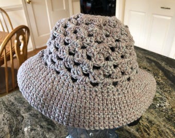 Crocheted Bucket Hat. Light Gray with Rose Tones. Size M ... will fit most average size women/teens/youth. Acrylic Blend. Handmade.