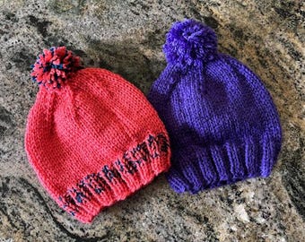 Set of 2 Baby/Infant Hats, Beanies, Caps. Soft Handmade Knitted Hats - Stretchy Stitch for Comfort and Ease of Wear. Infant ... 0-4 Months.