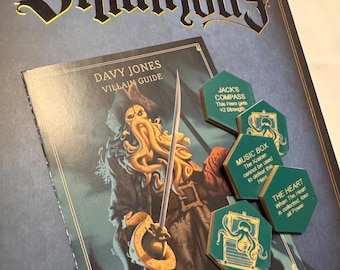 May include: Disney Villainous board game box with Davy Jones Villain Guide. The game includes green hexagonal tokens with gold accents and text. The box is dark blue with gold lettering.
