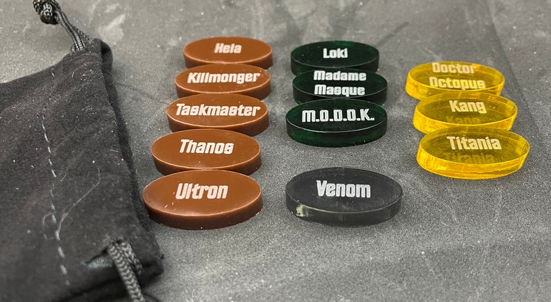 Marvel Villainous 12 random tokens with velvet bag.