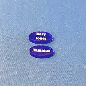 May include: Two oval, dark blue acrylic pieces with white text. The top piece reads "Davy Jones," and the bottom piece reads "Tamatoa." They are on a blue textured surface.