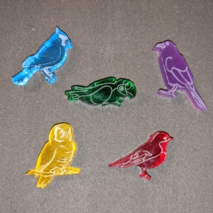 May include: Five colorful acrylic bird cutouts. The birds are a blue jay, a green parrot, a yellow owl, a red cardinal, and a purple crow. The birds are all outlined in white.