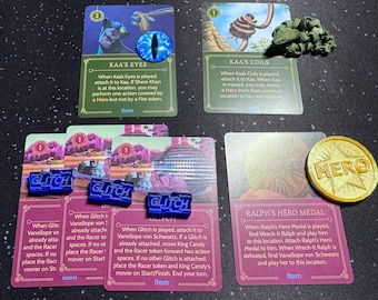 May include: A set of game cards and tokens for the Wreck-It Ralph video game. The cards feature characters such as Kaa, Vanellope, and Wreck-It Ralph. The tokens are blue and gold.