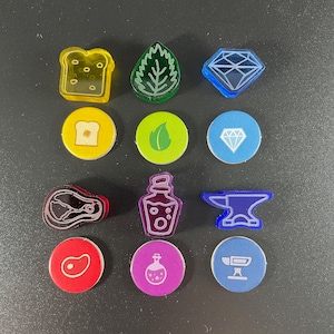 NEW Gorgeous FLAMECRAFT Goods Tokens - Looks like stained glass! Beautiful acrylic tokens for the board game Flamecraft (unofficial upgrade)