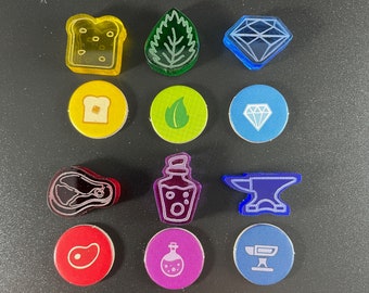 NEW Gorgeous FLAMECRAFT Goods Tokens - Looks like stained glass! Beautiful acrylic tokens for the board game Flamecraft (unofficial upgrade)