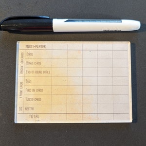 May include: A white card with a grid and the text "MULTI-PLAYER" at the top. The card has a list of categories for scoring points in a game, including "Birds", "Bonus Cards", "End-of-Round Goals", "Eggs", "Food on Cards", "Tucked Cards", "Nectar", and "Total".