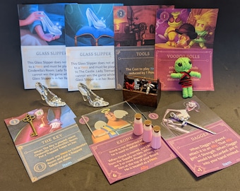 May include: A set of game cards and miniature figurines for a board game. The cards feature illustrations of characters from Disney's Cinderella, including Cinderella, Lady Tremaine, and Kronk. The cards have text describing the characters and their abilities. The miniatures include a glass slipper, a key, a dagger, voodoo dolls, and a bottle of potion.