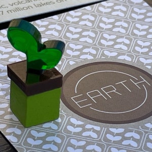 May include: A small, green cactus-shaped object in a square pot with a brown rim. The object is on a patterned surface with the word "EARTH" in a circle.
