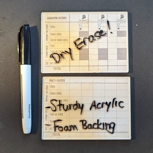 May include: Two white dry-erase scoreboards for the board game Wingspan. The top scoreboard has the text "Dry Erase!" written on it. The bottom scoreboard has the text "Sturdy Acrylic Foam Backing" written on it.