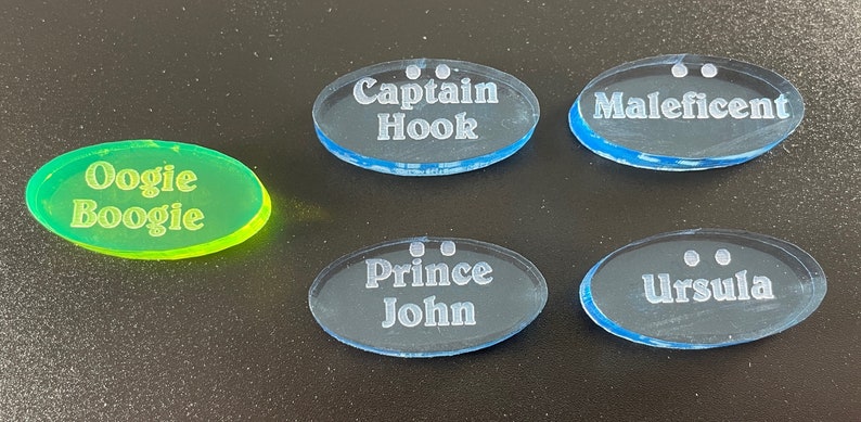 2023 newest villain random tokens for Disney Villainous: Oogie Boogie, Captain Hook, Maleficent, Prince John, and Ursula.