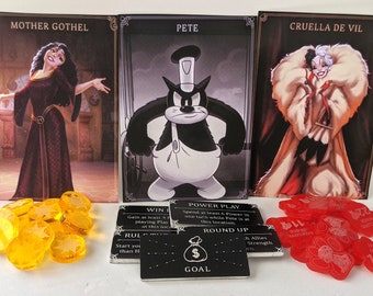 Villainous Game Tokens: Mother Gothel Trust, Pete's Goals, Cruella Puppy Acrylic Upgrades