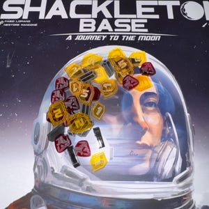 May include: An illustration featuring a space helmet with the text "SHACKLETON BASE" and "A JOURNEY TO THE MOON." The helmet is filled with yellow, red, and black game pieces. The astronaut's face is visible through the helmet.