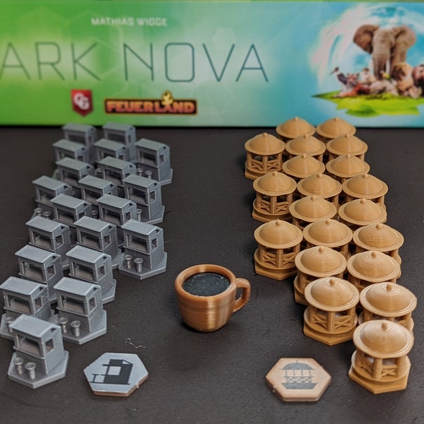 41-piece Upgrade Set for Ark Nova (20 Pavilions, 20 Kiosks, & 1 Coffee Break Cup)