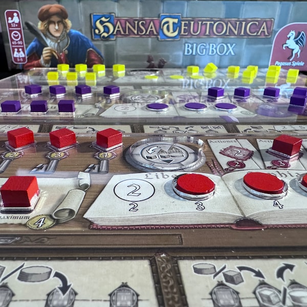 Hansa Teutonica: Set of 5 Player Board Acrylic Overlay Upgrades -- Keep those cubes from moving around!