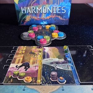 Harmonies board game: Acrylic Overlays to keep cards flat & a Central Board overlay - Unofficial upgrades that show the beautiful artwork.