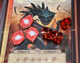 May include: A red and white card game card featuring a black dragon illustration. The card is titled "The Corpse of Viros" and has a threat level of 6, an ultimate level of 5, and a value of 70. The card is surrounded by red and white tokens.