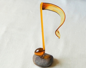 Lampwork Amber Glass Music Note on Sea Stone - Musician Gift