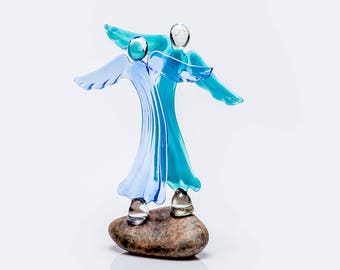 Blue Glass Dancing Angels Pair / Parents Wedding Anniversary , Memorial Gift