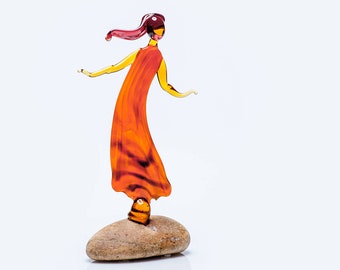 Lampwork Glass Woman Figurine / Red & Yellow Dress / Sea Stone Base