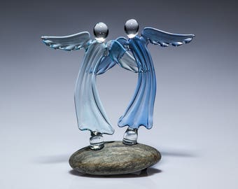 Blue Glass Angels Couple Figurine | Gift for Twins , Wedding  | Collectible Lampwork Art
