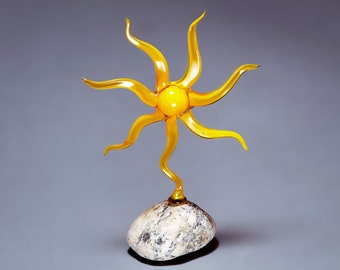 Yellow Glass Sun Figurine on Sea Stone Base / Bright Glass Home Accent