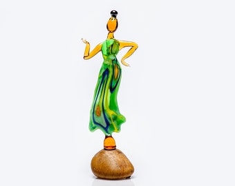 Lampwork Glass Woman Figurine / Green Dress / Sea Stone Base / Collectible Glass Art