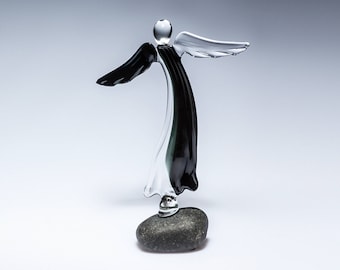 Lampwork Glass Angel Figurine / Handmade Black & Clear Home Decoration /  Sympathy Gift