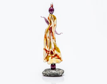 Lampwork Woman Figurine / Rainbow Glass Lady Statue / Afro Charm , Sea Stone Base