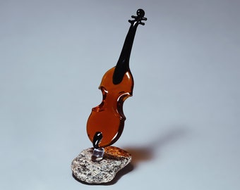 Lampwork Amber Glass Violin Sculpture on Sea Stone Base / Gift for musicians