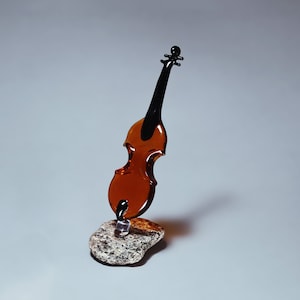 Amber glass violin sculpture on the stone / Music instrument glass miniature / Glass art music gift / Cello figurine of glass
