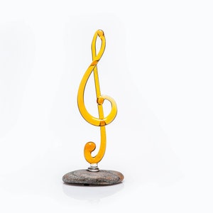 Gold yellow glass treble clef statue / Music school graduation gift / Music symbol glass figurine / Music room decor / Home glass accent
