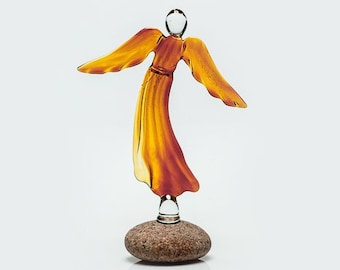 Lampwork Brown Glass Angel Figurine / Sea Stone Base / Religious Gift