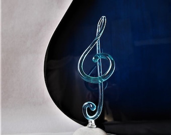 Blue Glass Treble Clef Sculpture / Music School Graduation Gift / Handmade Figurine Home Decor