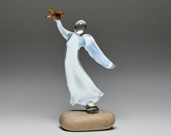 White Glass Angel Figurine With Bird / Easter , Baptism Gift / Milk Glass Sculpture