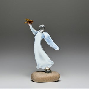 White glass angel figurine with bird /Easter angel wings / Glass art gift for mom / Milk glass sculpture / Baptism gift of glass
