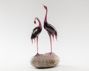 Purple glass birds | Glass birds figurine |Two herons on a stone | Couples gift | Anniversary gift | Blown glass birds | Wedding gift