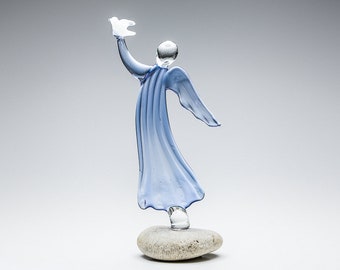 Glass Angel Figurine with Bird / Mom , New Baby , Baptism Gift / Sculpture / Collectible Art
