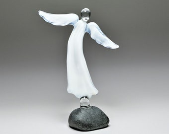 White Glass Guardian Angel Figurine / New Baby, First Communion Gift / Bereavement Angel / Religious Decor