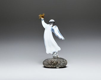 White Glass Angel Figurine with Bird / Mother's , New Baby Gift / Collectible Ornament  / Angel Wings