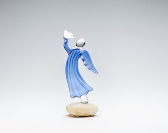 Blue Glass Angel Figurine With Bird / Collectible Lampwork Ornament