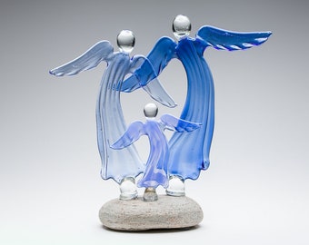 Three Glass Angels Family Sculpture / Lampwork Figurine / Collectible Art