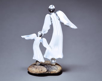 Two Glass Angels Statue on Sea Stone Base / Guardian Angel Sculpture / Mom , Teacher gift