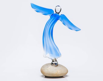 Blue glass angel figurine / Transparent glass art / Angel wings / Handmade glass gift for Mom / First Communion, Confirmation, New Baby gift