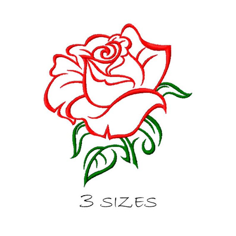 May include: An embroidery design featuring a red outlined rose with green leaves and stems. The rose is depicted with stylized petals and a central swirl. Below the floral graphic, the text "3 SIZES" is printed in a simple black font.