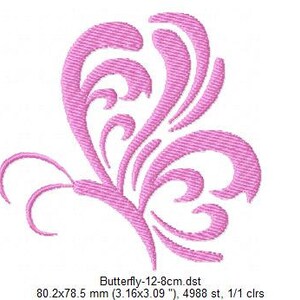 May include: Pink butterfly embroidery design with intricate details. The design is 3.16 inches by 3.09 inches and has 4988 stitches.